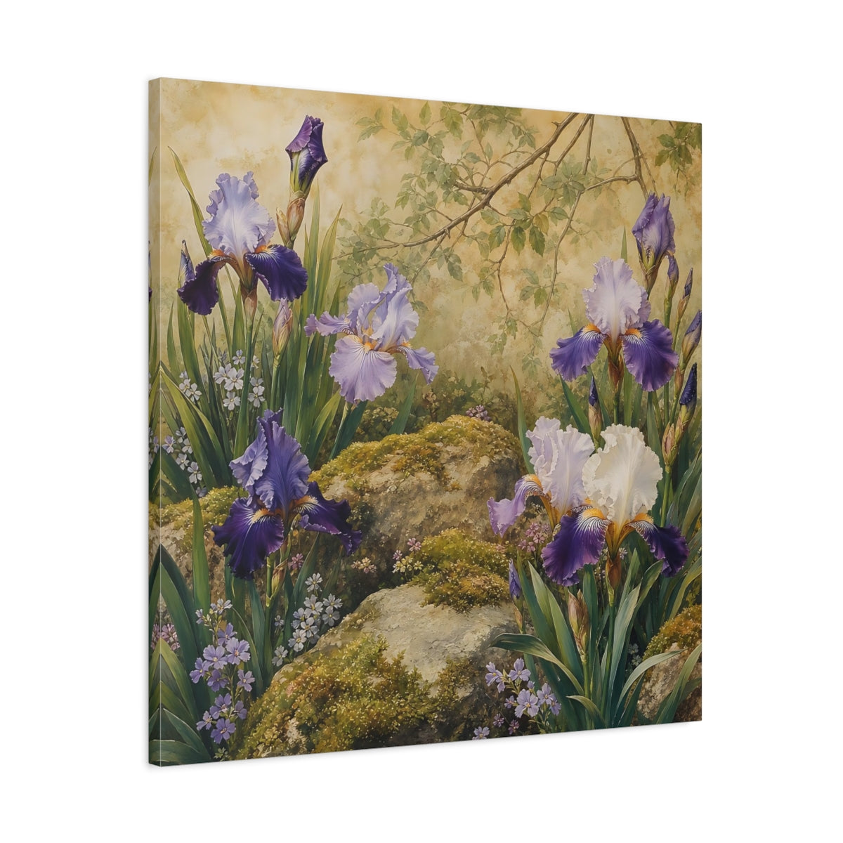 Side Mockup 3. Romantic Vintage Painting Garden Irises With Mossy Rocks shown as stretched canvas wall art
