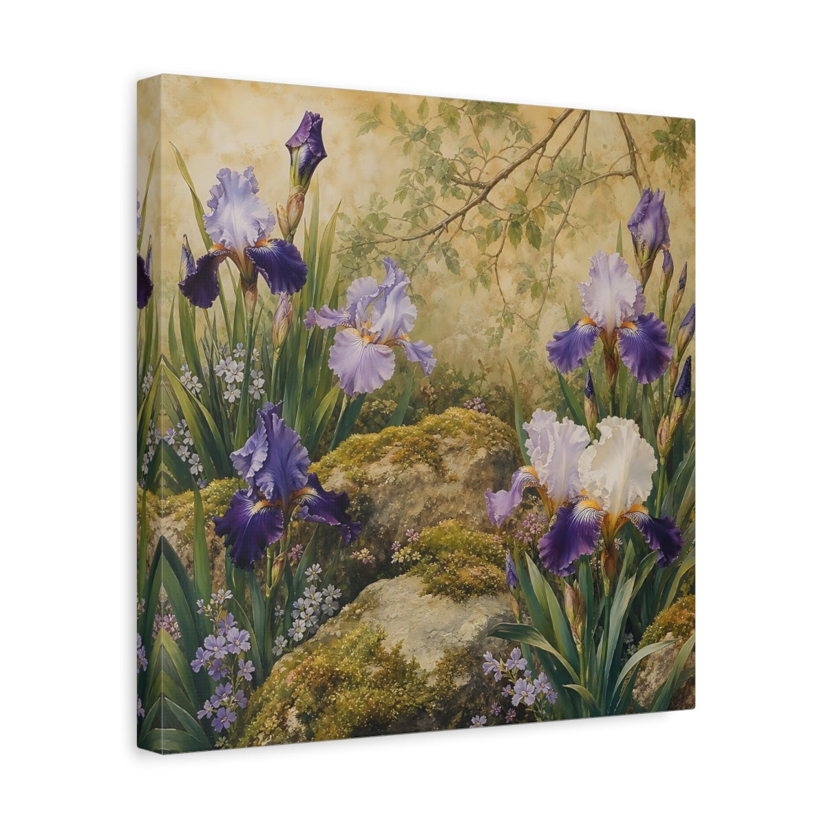 Side Mockup 7. Romantic Vintage Painting Garden Irises With Mossy Rocks shown as stretched canvas wall art