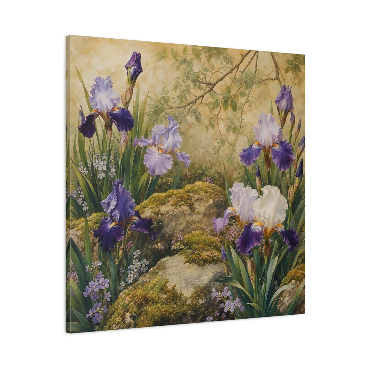 Main Mockup. Romantic Vintage Painting Garden Irises With Mossy Rocks shown as stretched canvas wall art