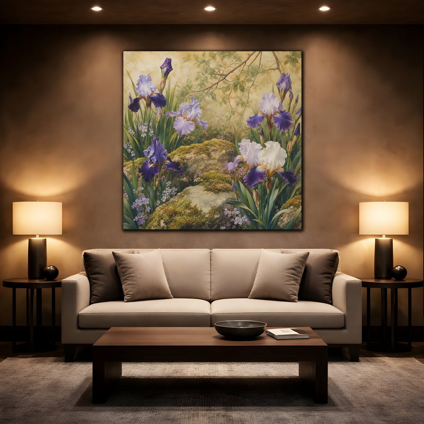 Mockup 2. Romantic Vintage Painting Garden Irises With Mossy Rocks shown as stretched canvas wall art