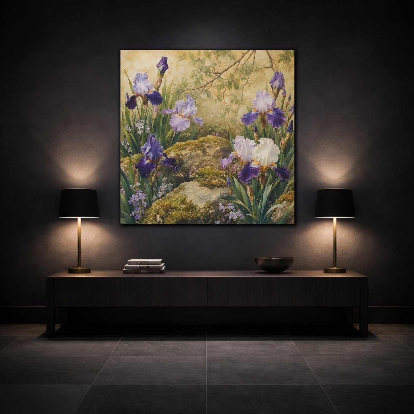 Mockup 3. Romantic Vintage Painting Garden Irises With Mossy Rocks shown as stretched canvas wall art