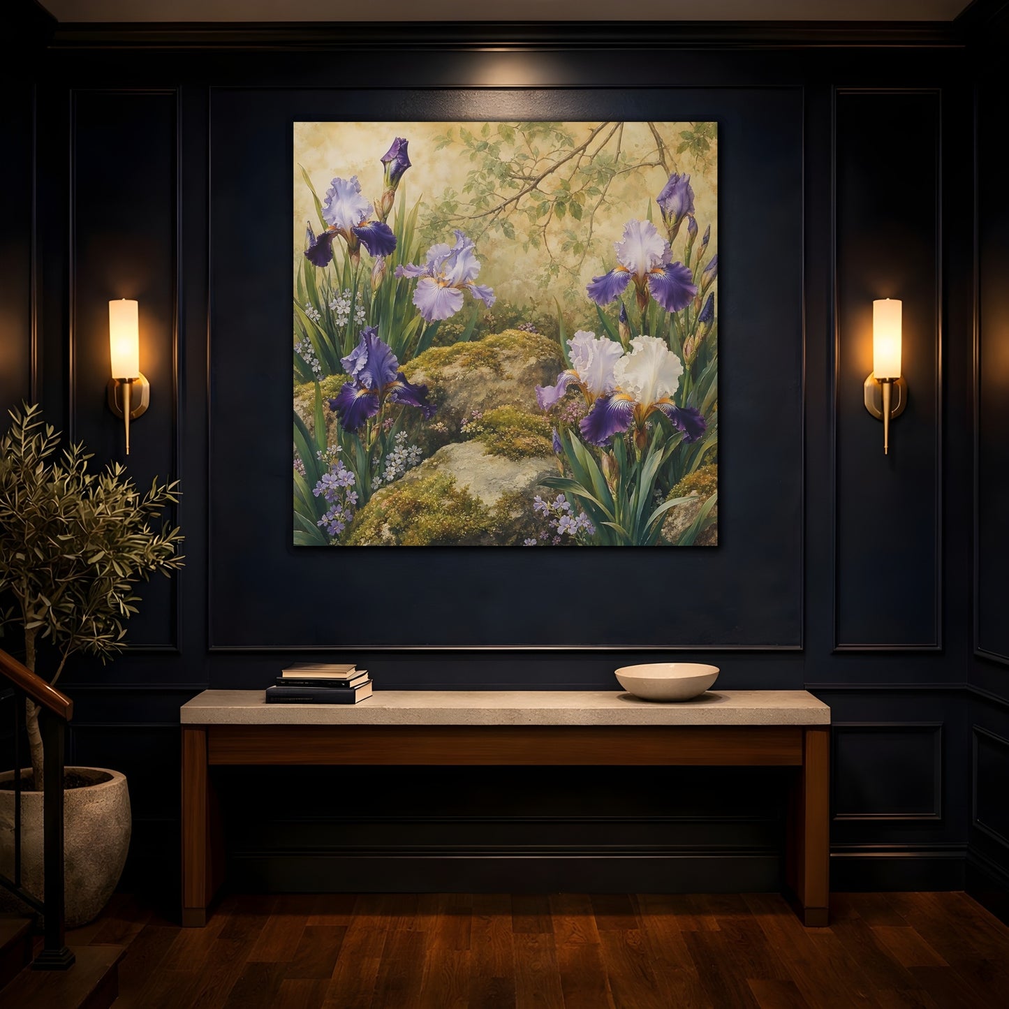 Mockup 4. Romantic Vintage Painting Garden Irises With Mossy Rocks shown as stretched canvas wall art