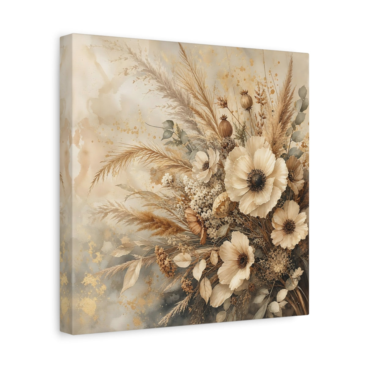 Side Mockup 8. Romantic Vintage Painting Neutral Bouquet With Dried Grasses shown as stretched canvas wall art