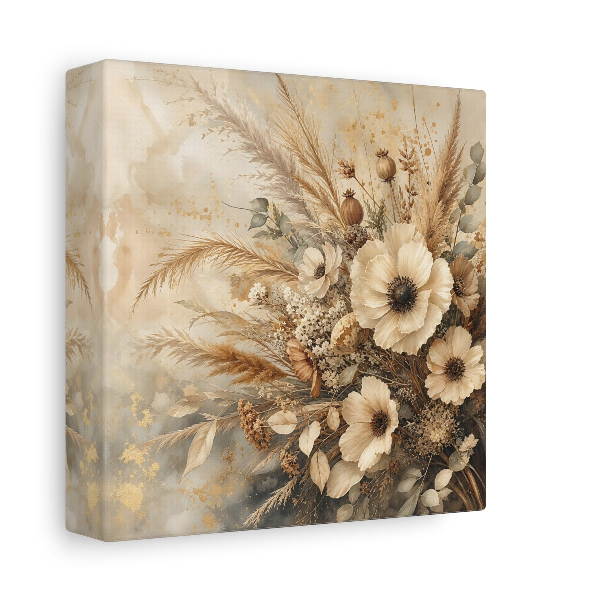 Side Mockup 2. Romantic Vintage Painting Neutral Bouquet With Dried Grasses shown as stretched canvas wall art
