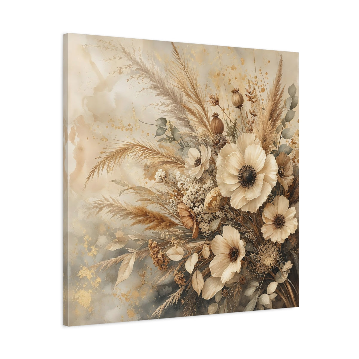 Side Mockup 3. Romantic Vintage Painting Neutral Bouquet With Dried Grasses shown as stretched canvas wall art