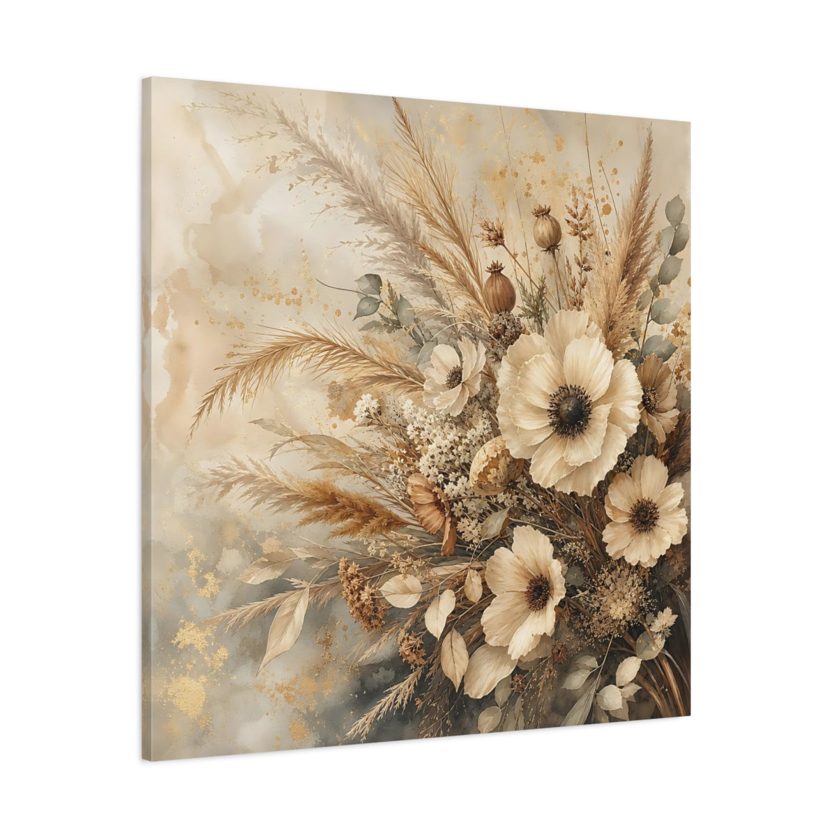 Side Mockup 1. Romantic Vintage Painting Neutral Bouquet With Dried Grasses shown as stretched canvas wall art