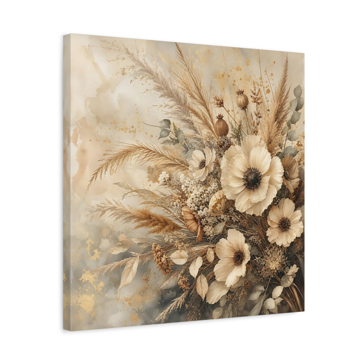 Side Mockup 5. Romantic Vintage Painting Neutral Bouquet With Dried Grasses shown as stretched canvas wall art