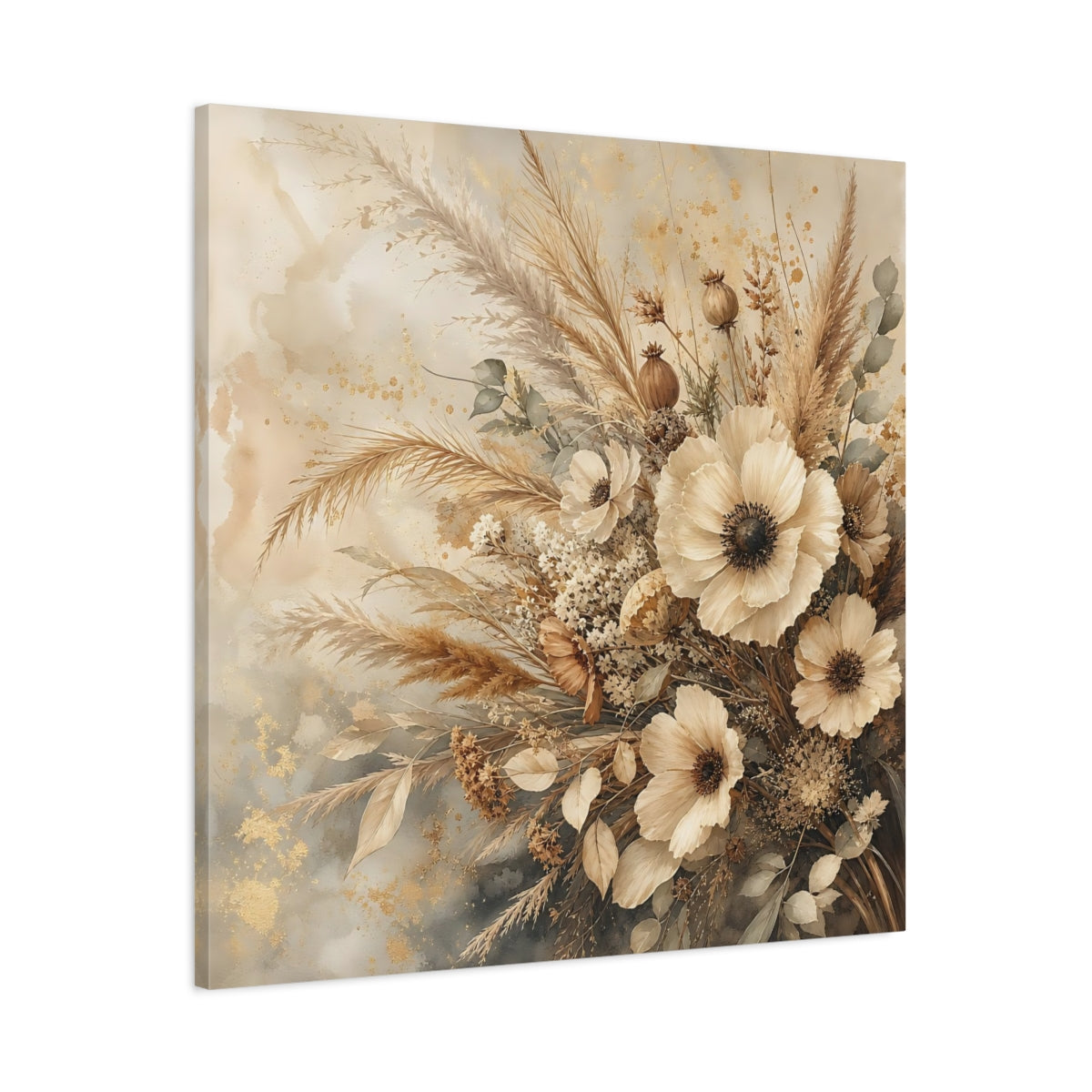 Main Mockup. Romantic Vintage Painting Neutral Bouquet With Dried Grasses shown as stretched canvas wall art