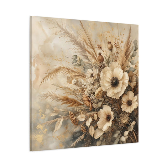 Main Mockup. Romantic Vintage Painting Neutral Bouquet With Dried Grasses shown as stretched canvas wall art