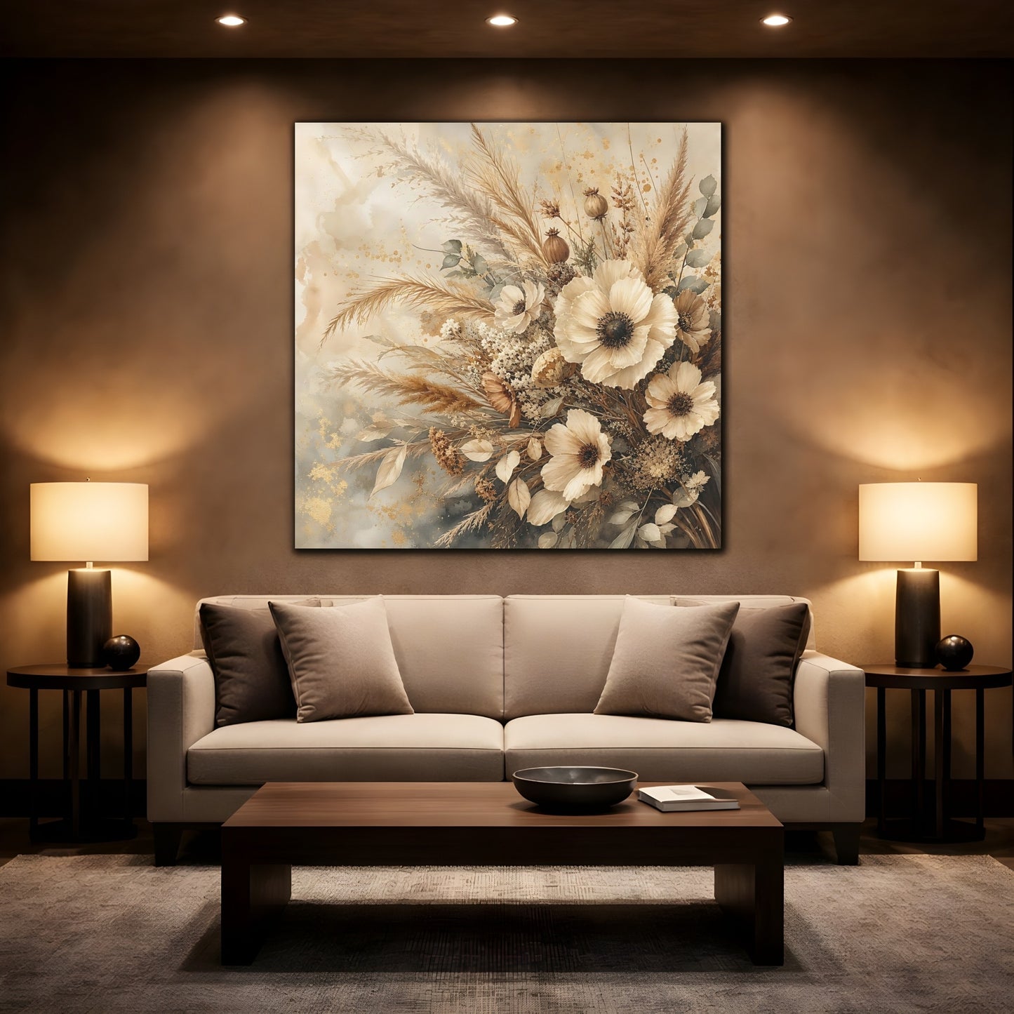 Mockup 2. Romantic Vintage Painting Neutral Bouquet With Dried Grasses shown as stretched canvas wall art
