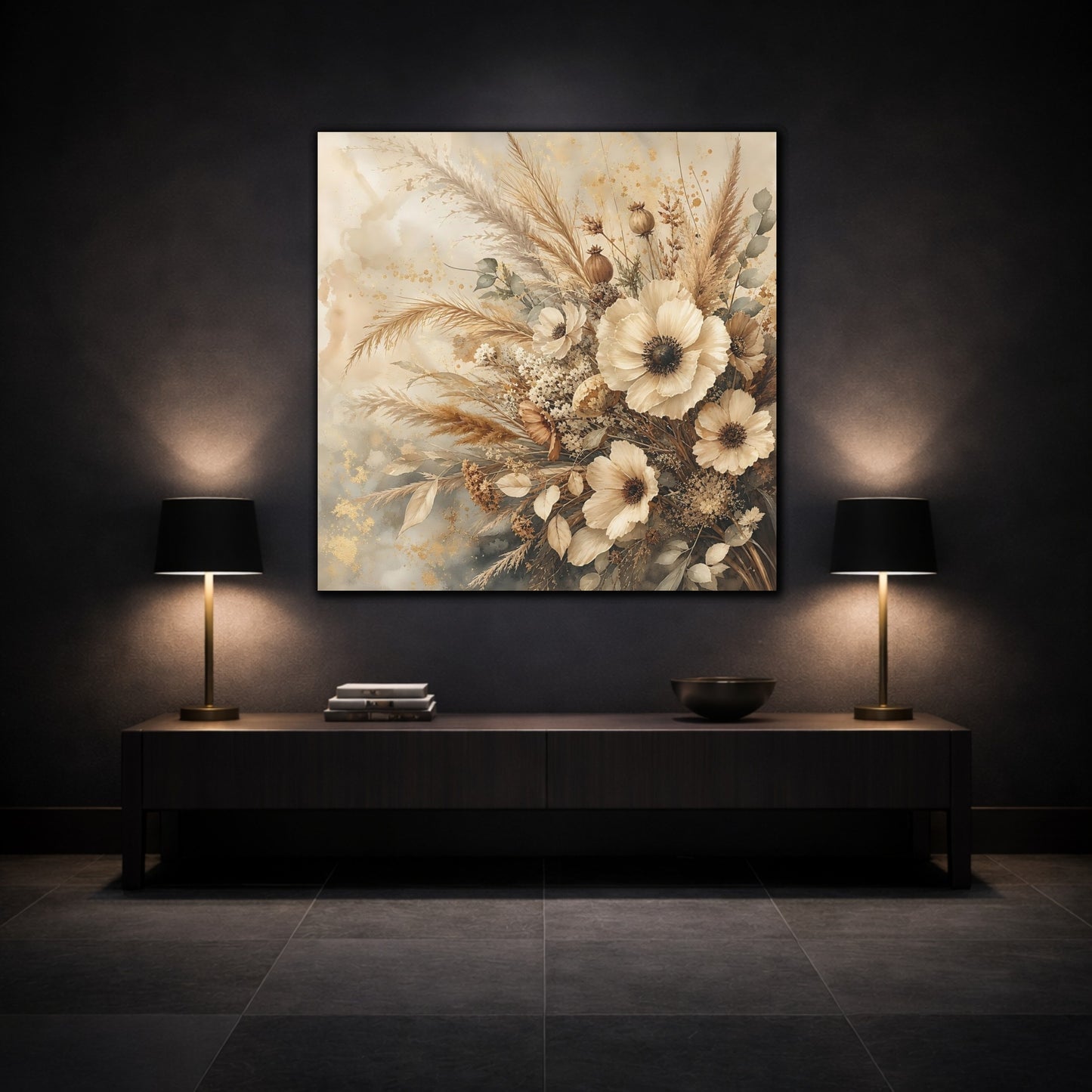 Mockup 3. Romantic Vintage Painting Neutral Bouquet With Dried Grasses shown as stretched canvas wall art