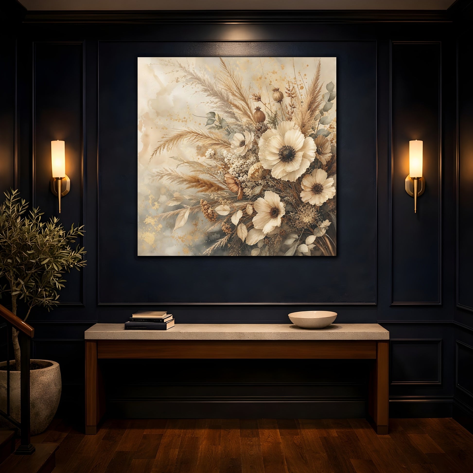 Mockup 4. Romantic Vintage Painting Neutral Bouquet With Dried Grasses shown as stretched canvas wall art
