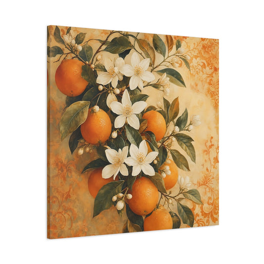 Main Mockup. Romantic Vintage Painting Orange Branch With White Blossoms shown as stretched canvas wall art