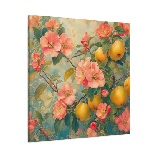 Main Mockup. Romantic Vintage Painting Quince Blossoms On Fruiting Branch shown as stretched canvas wall art