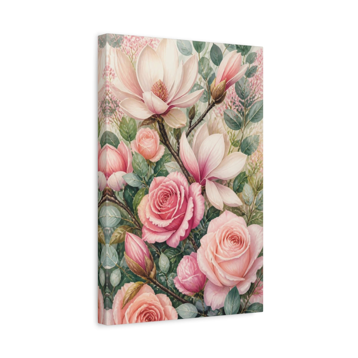 Side Mockup 4. Rose And Magnolia Flowers shown as canvas print