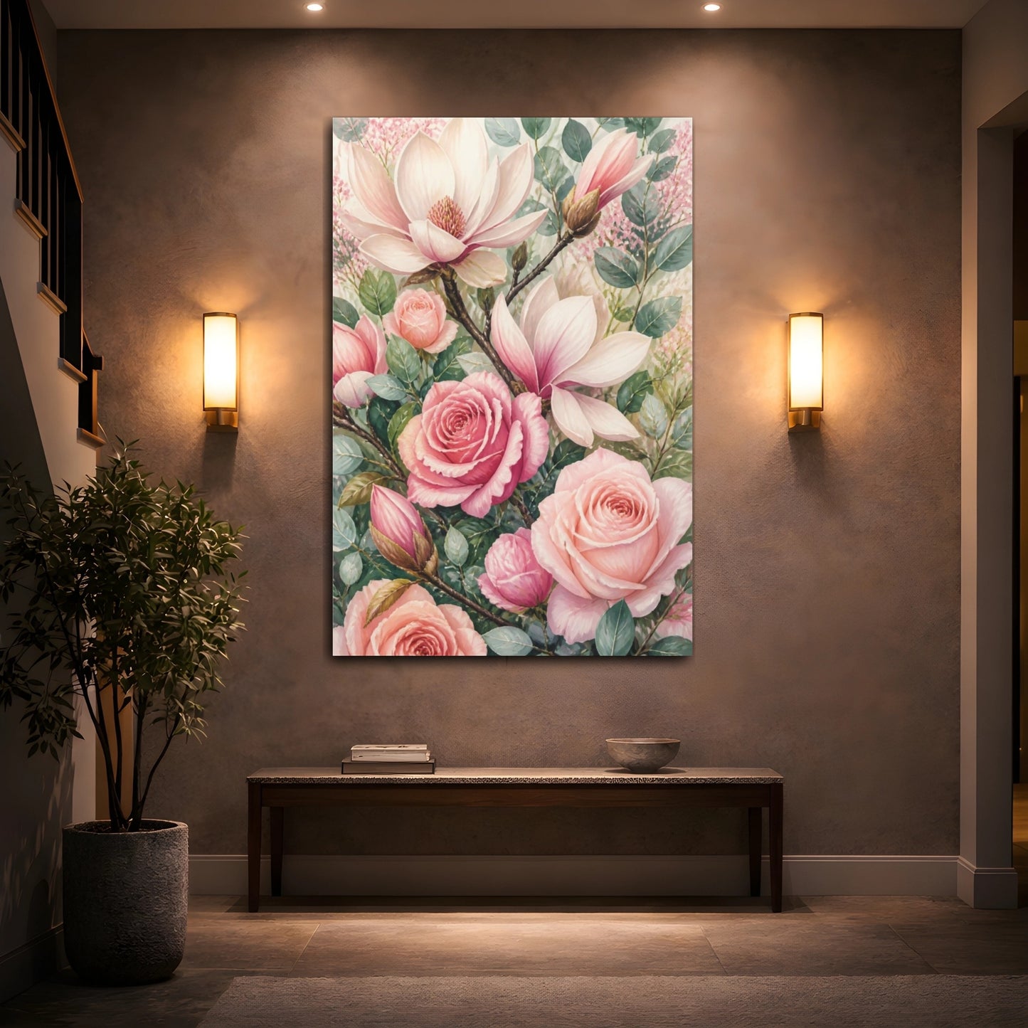 Mockup 2. Rose And Magnolia Flowers shown as canvas print