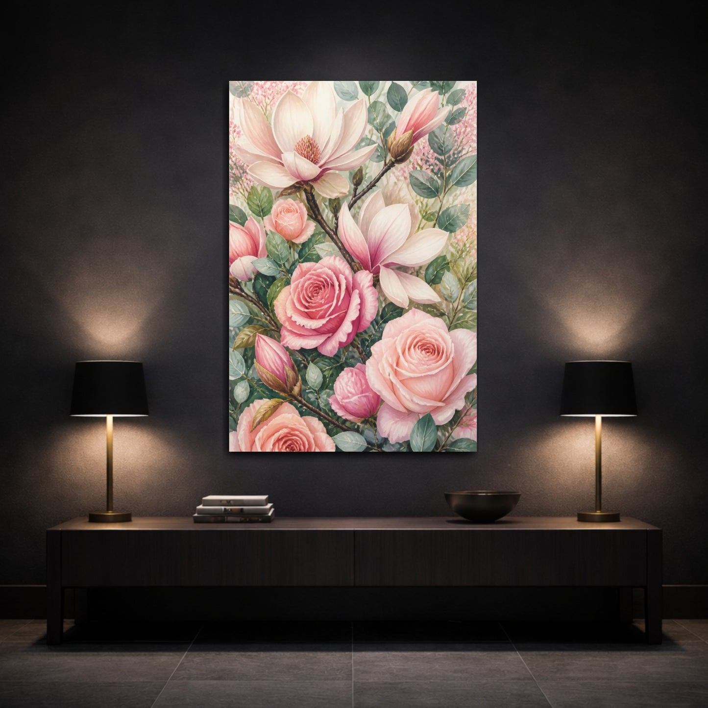 Mockup 3. Rose And Magnolia Flowers shown as canvas print