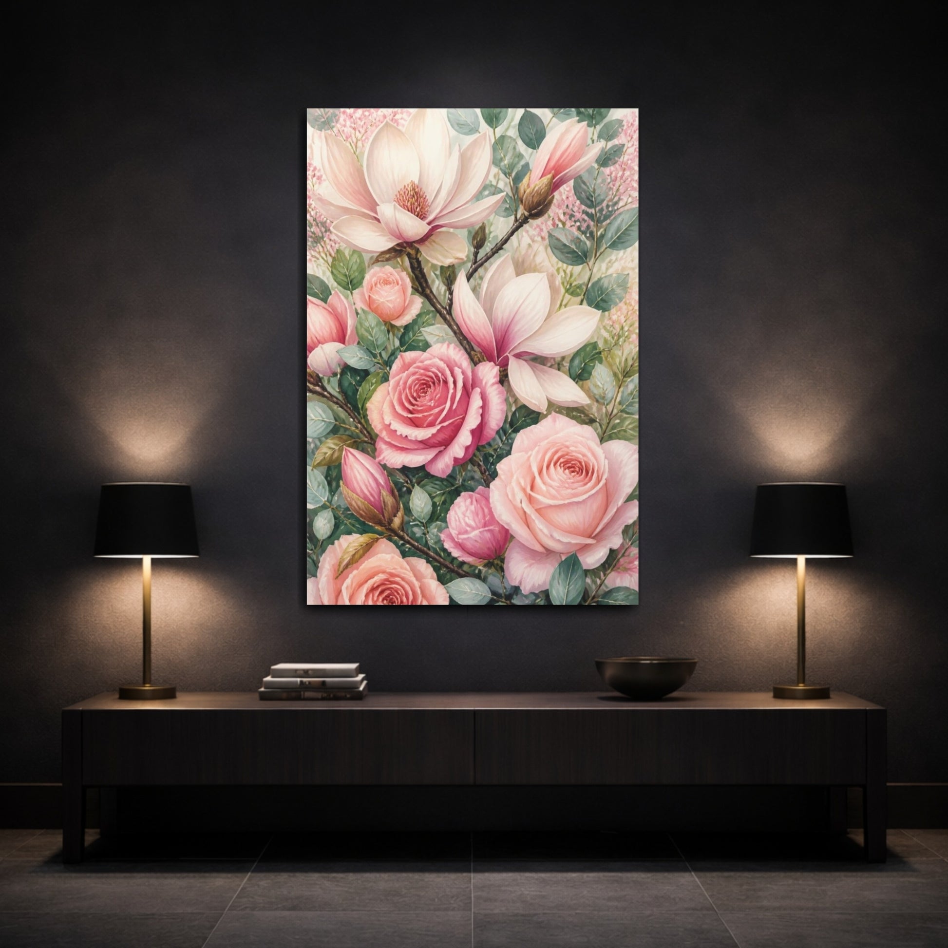 Mockup 3. Rose And Magnolia Flowers shown as canvas print