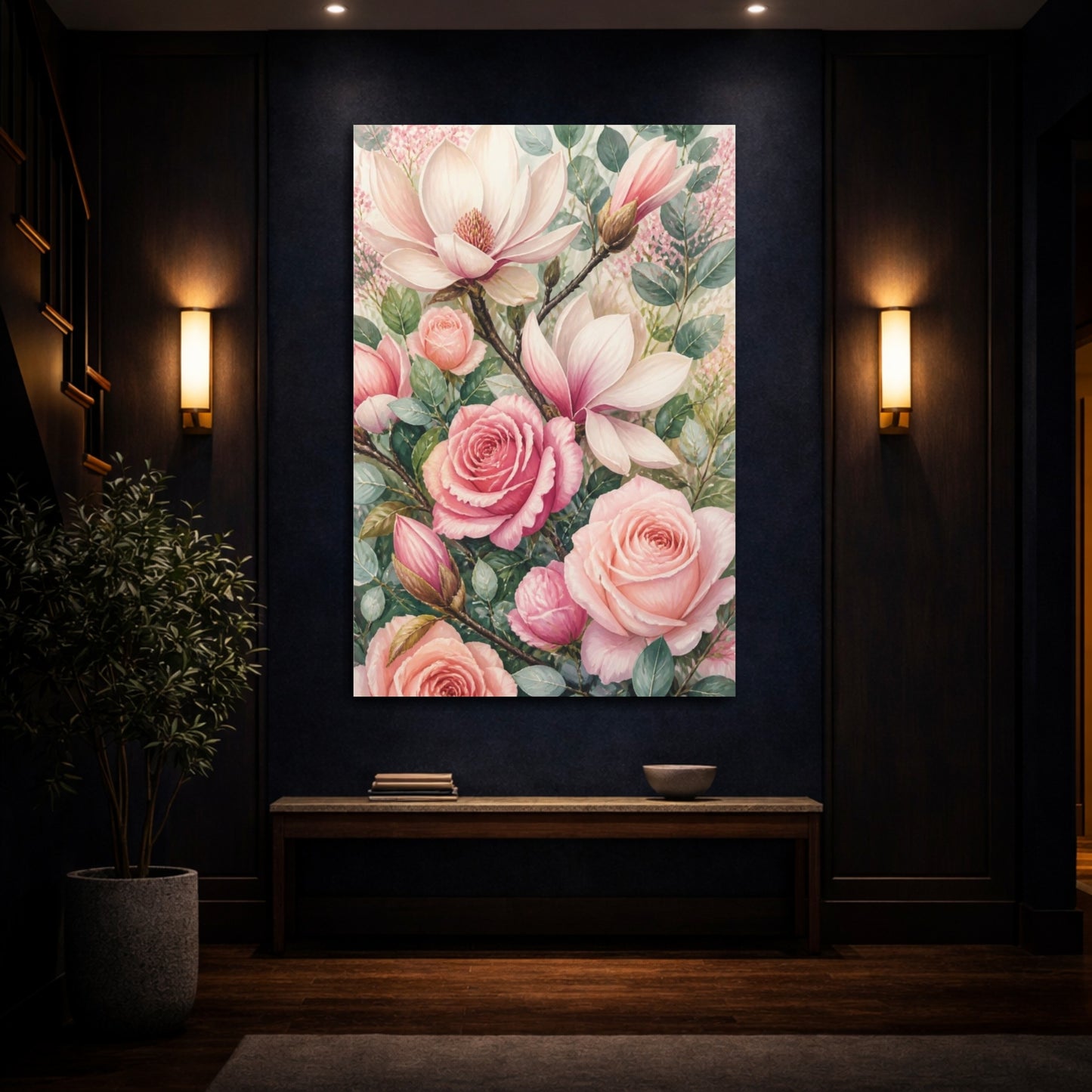 Mockup 4. Rose And Magnolia Flowers shown as canvas print
