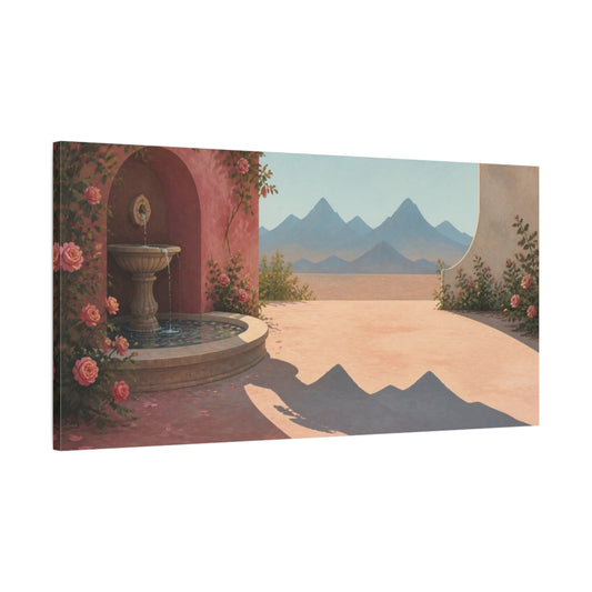 Main Mockup. Rose Courtyard Fountain shown as canvas print