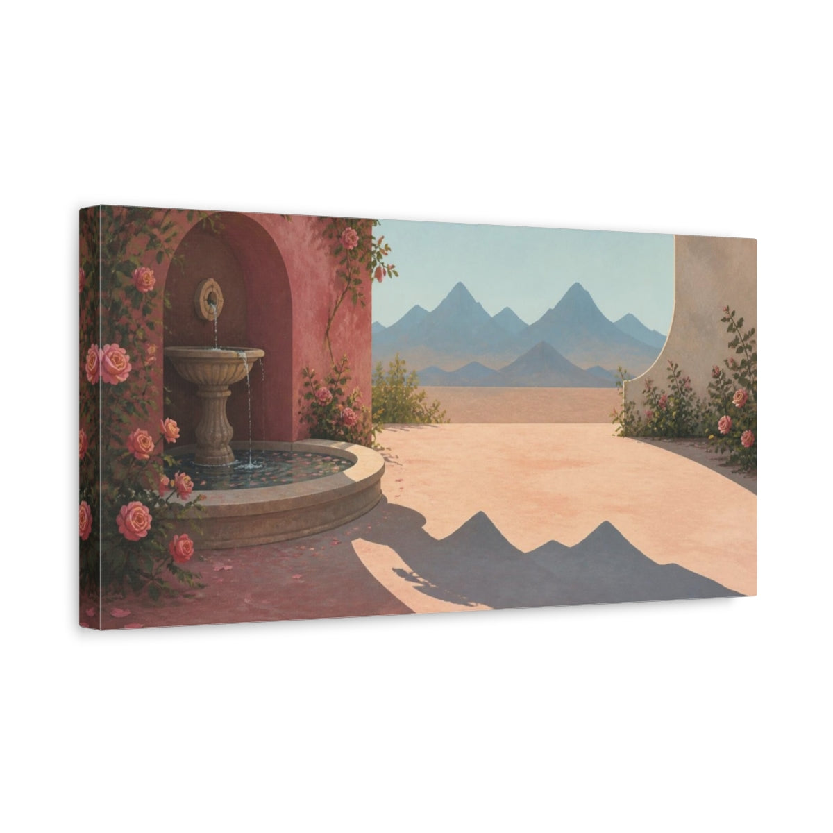 Side Mockup 3. Rose Courtyard Fountain shown as canvas print
