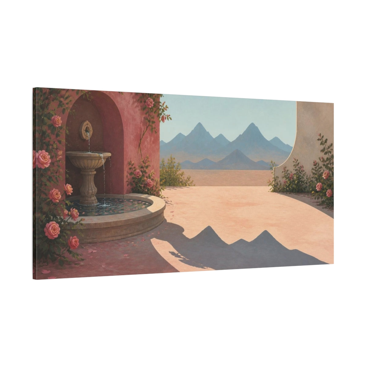 Side Mockup 2. Rose Courtyard Fountain shown as canvas print