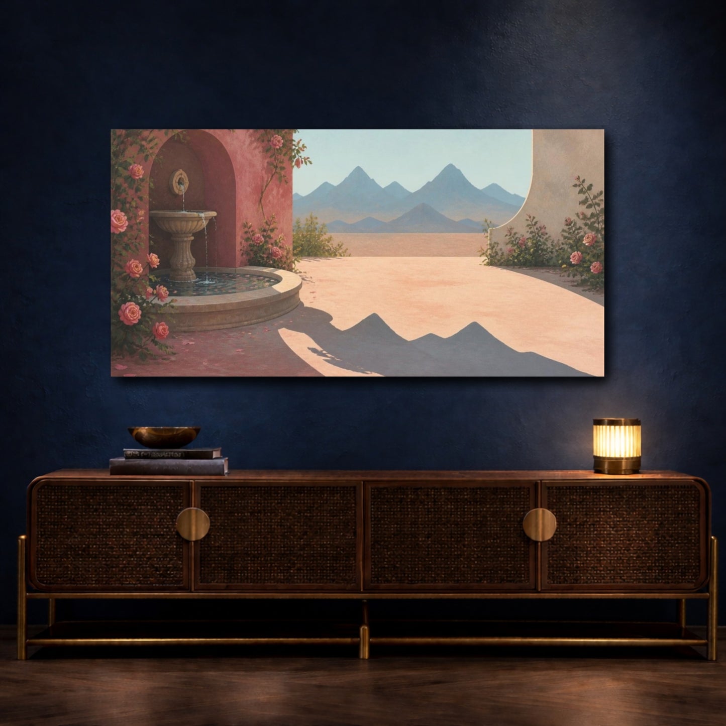 Mockup 4. Rose Courtyard Fountain shown as canvas print