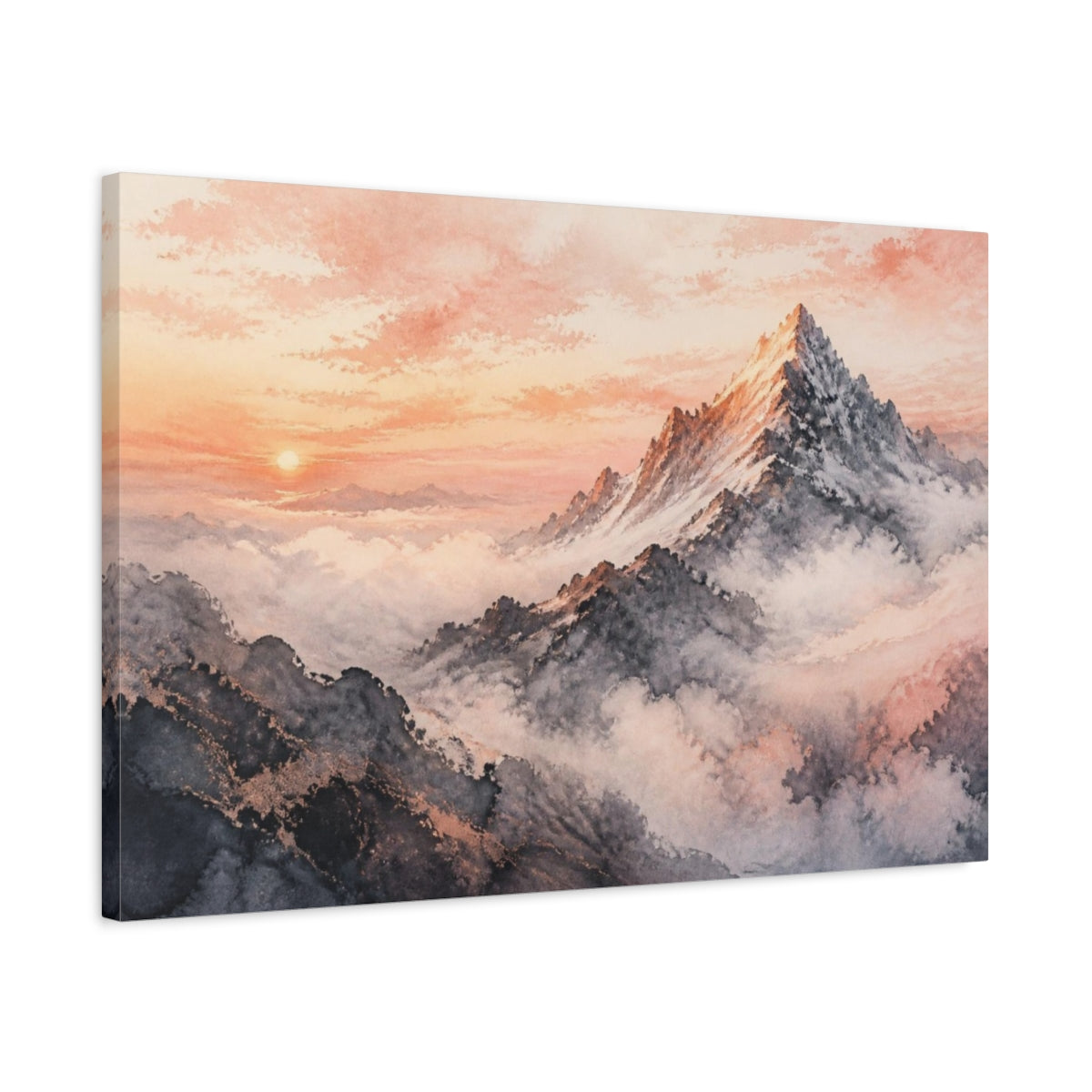 Side Mockup 2. Rose-Gold Mountain Dawn shown as canvas print