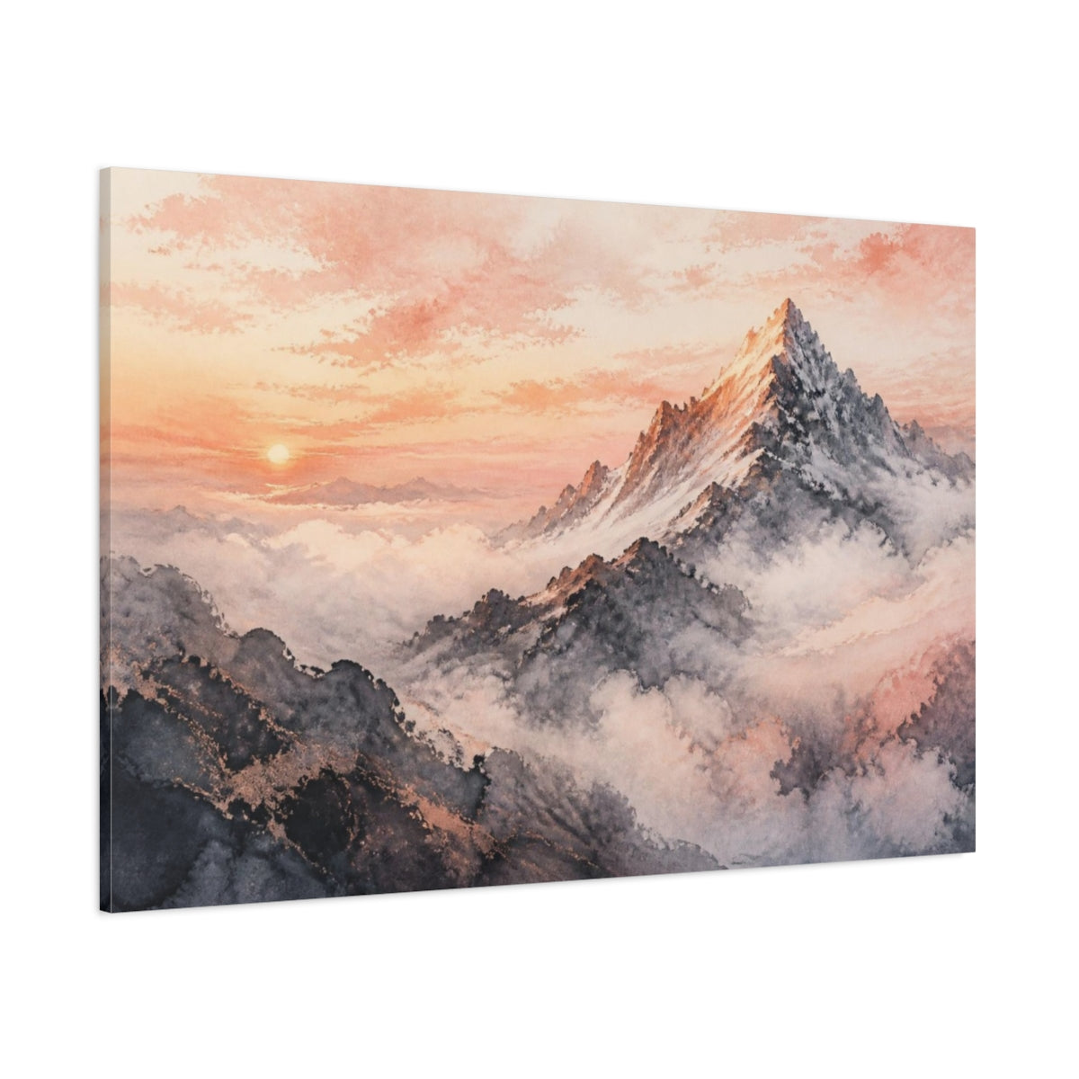 Side Mockup 1. Rose-Gold Mountain Dawn shown as canvas print