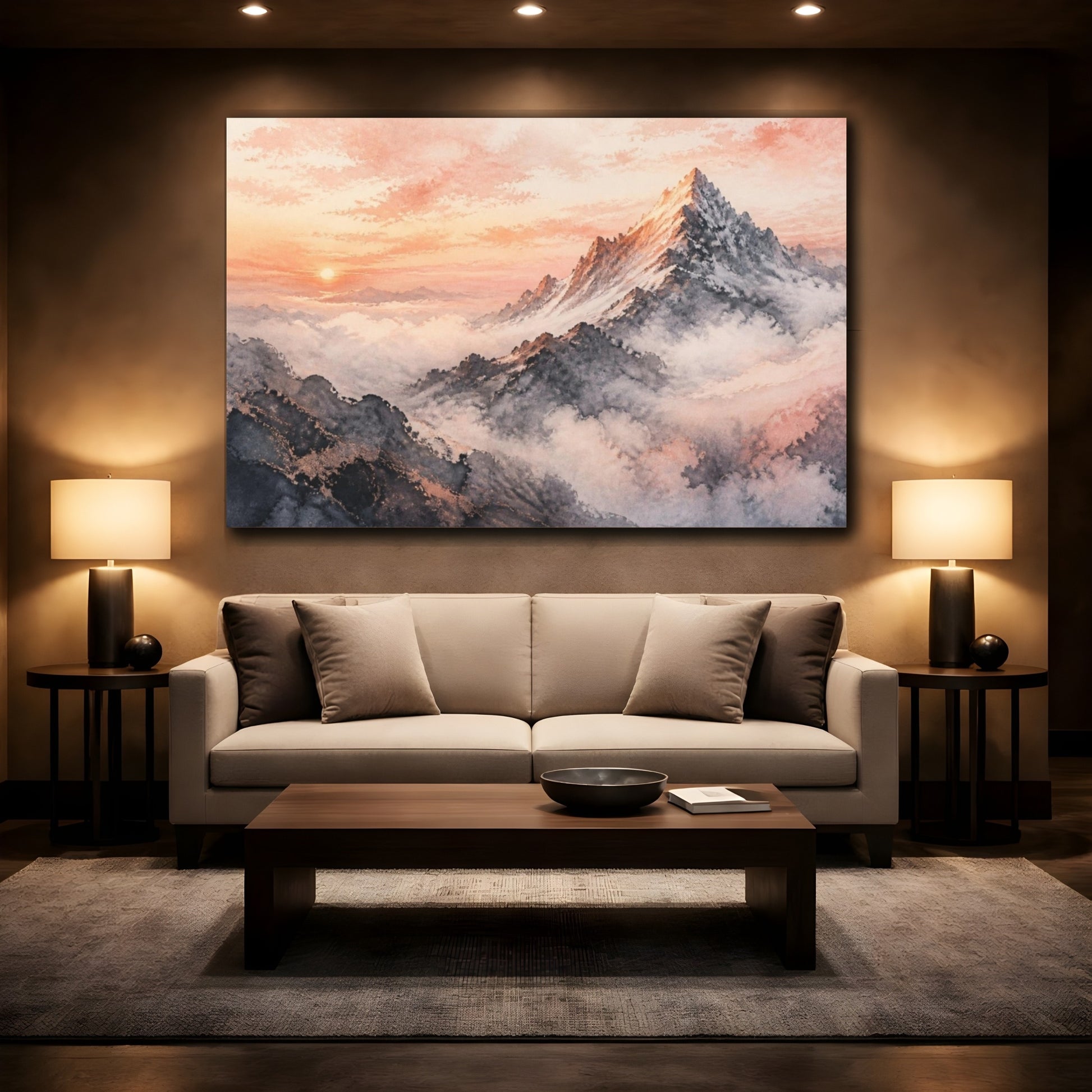 Mockup 2. Rose-Gold Mountain Dawn shown as canvas print
