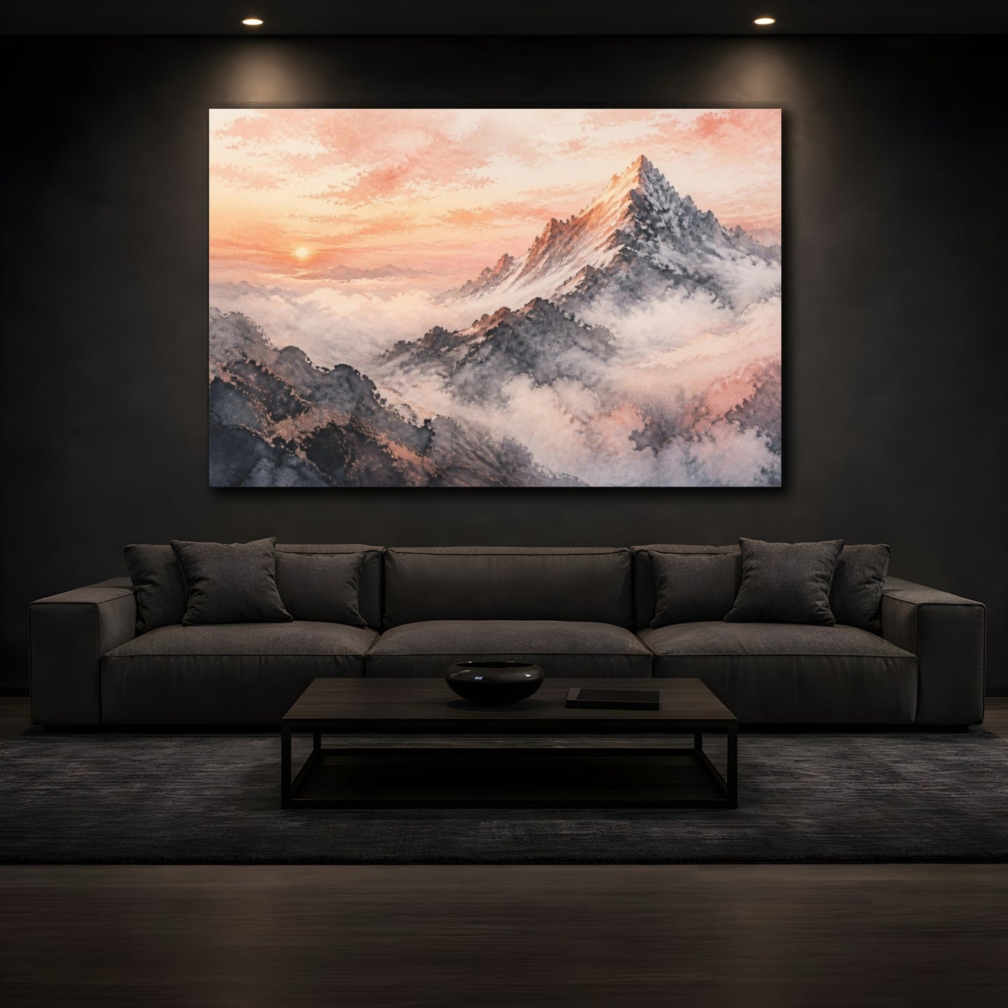 Mockup 3. Rose-Gold Mountain Dawn shown as canvas print
