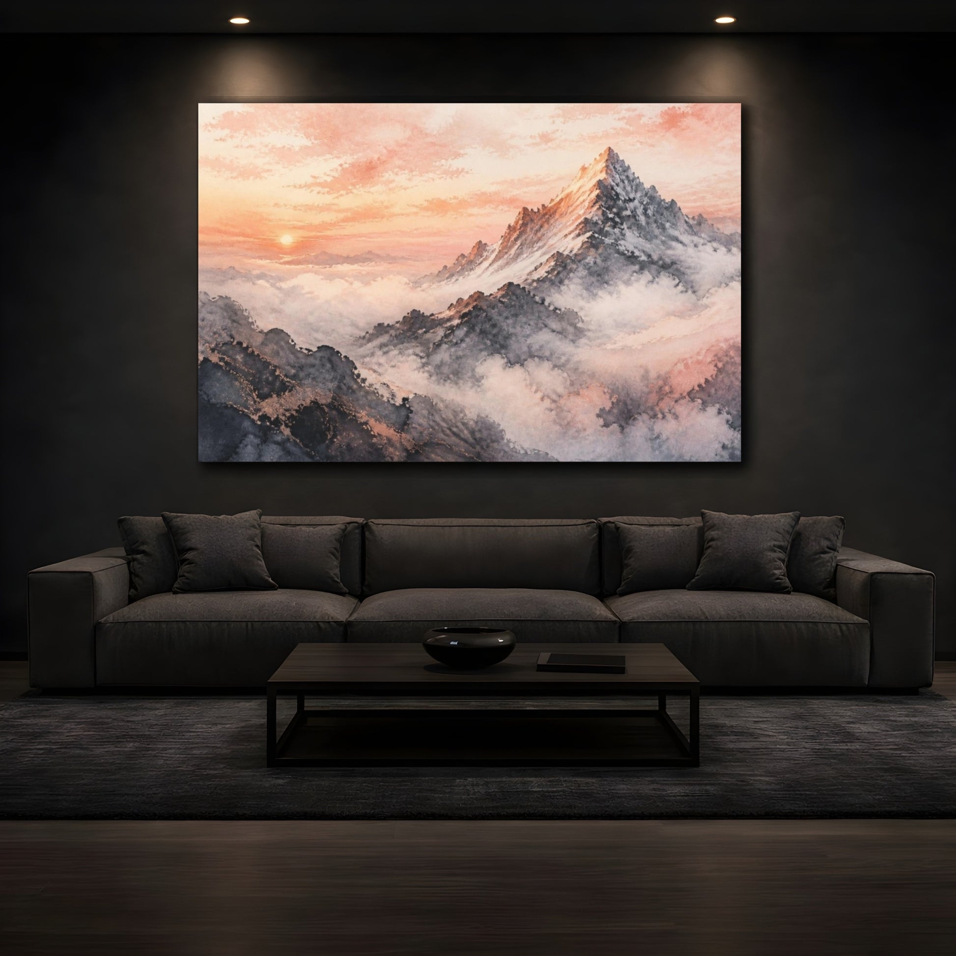 Mockup 3. Rose-Gold Mountain Dawn shown as canvas print