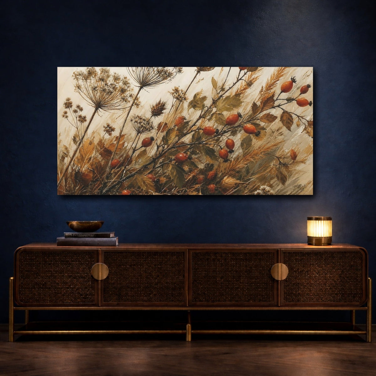 Rose Hips Floral Rosehip Botanical Canvas Print Wall Art – Living Room Decor, Above Fireplace - YesArtYes