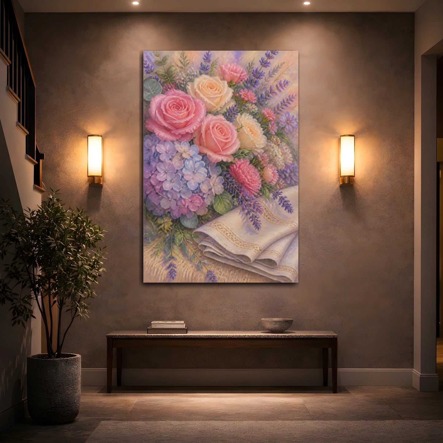 Mockup 2. Roses & Lavender Flowers shown as canvas print