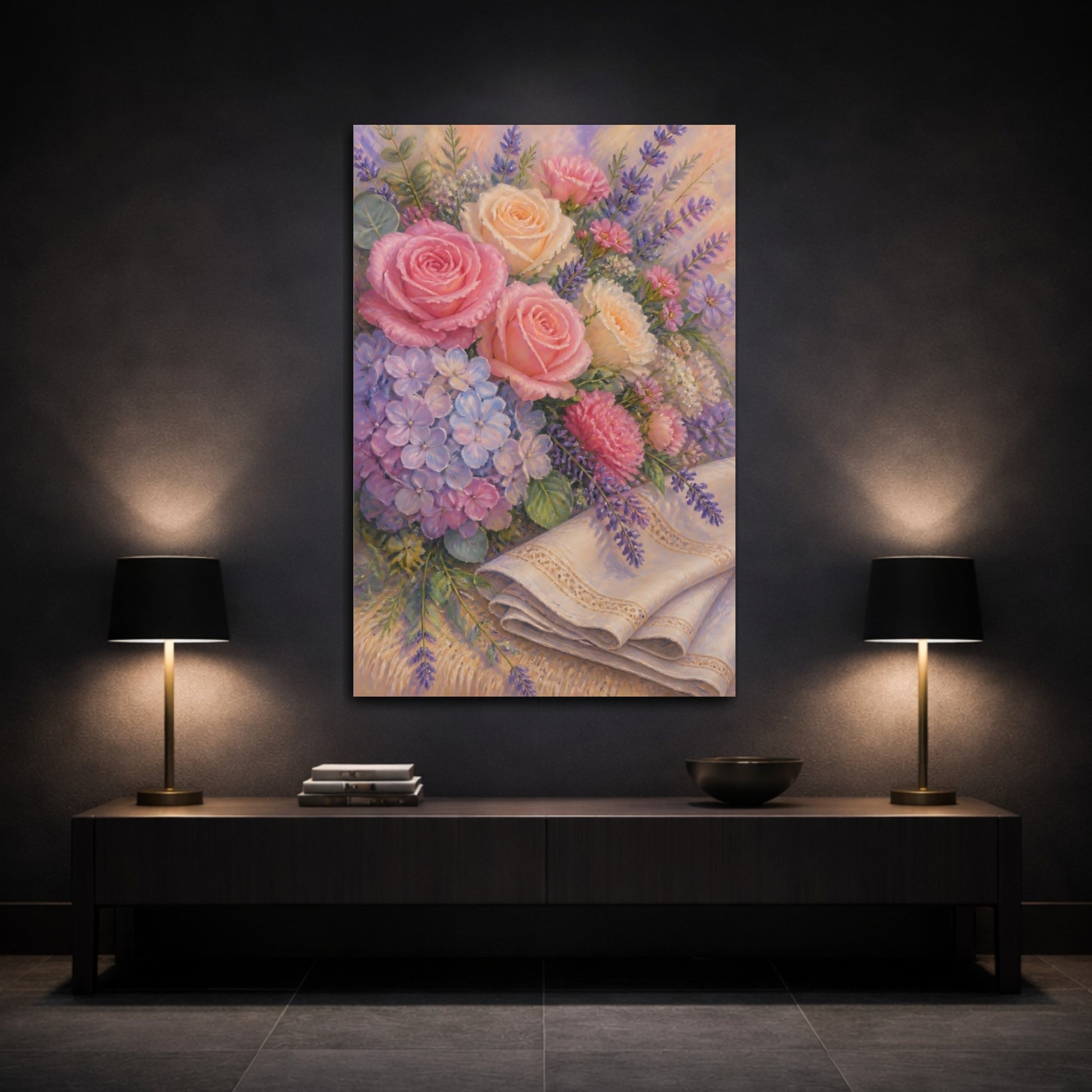 Mockup 3. Roses & Lavender Flowers shown as canvas print