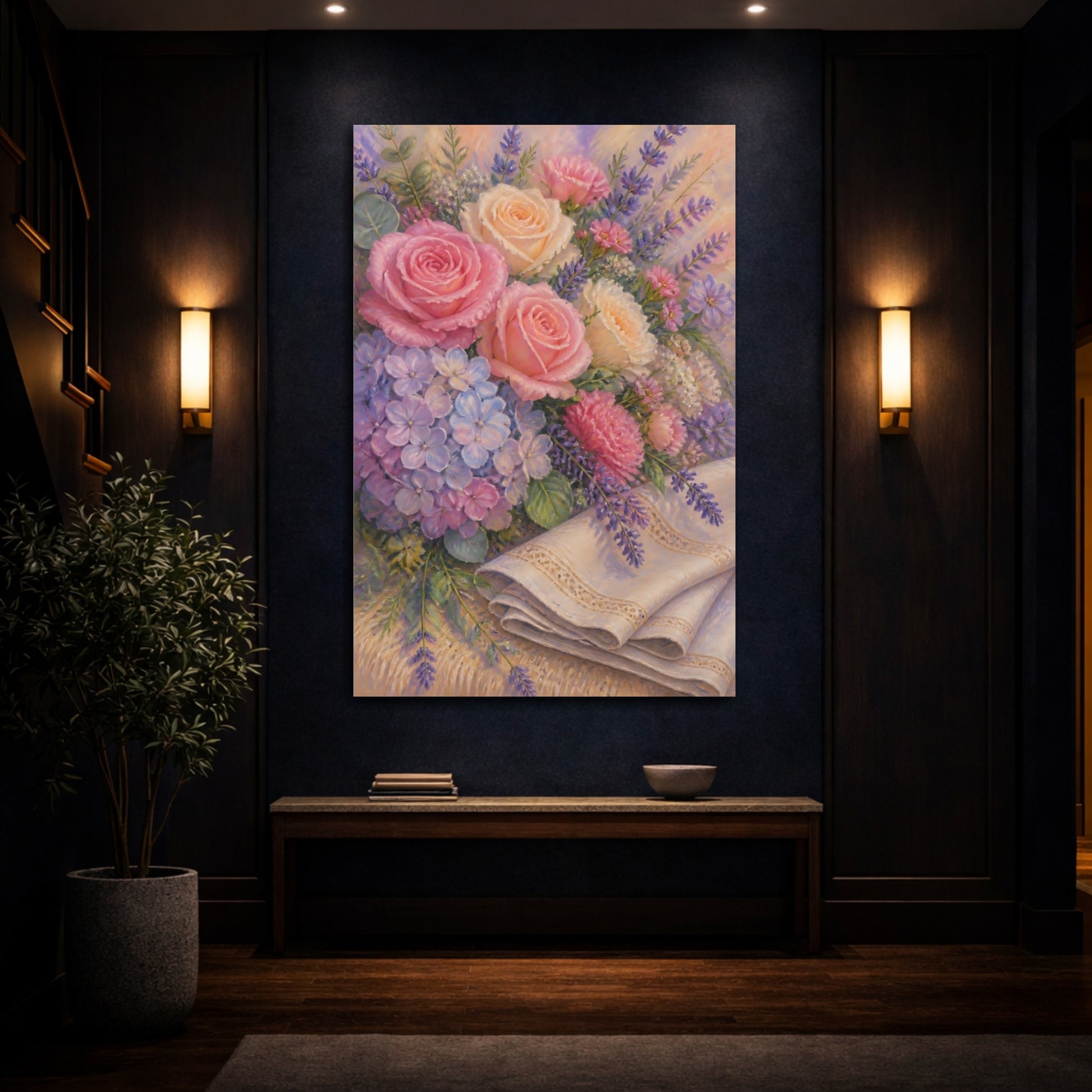 Mockup 4. Roses & Lavender Flowers shown as canvas print