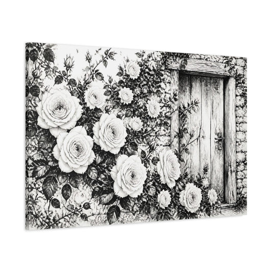 Main Mockup. Roses At Weathered Door shown as canvas print