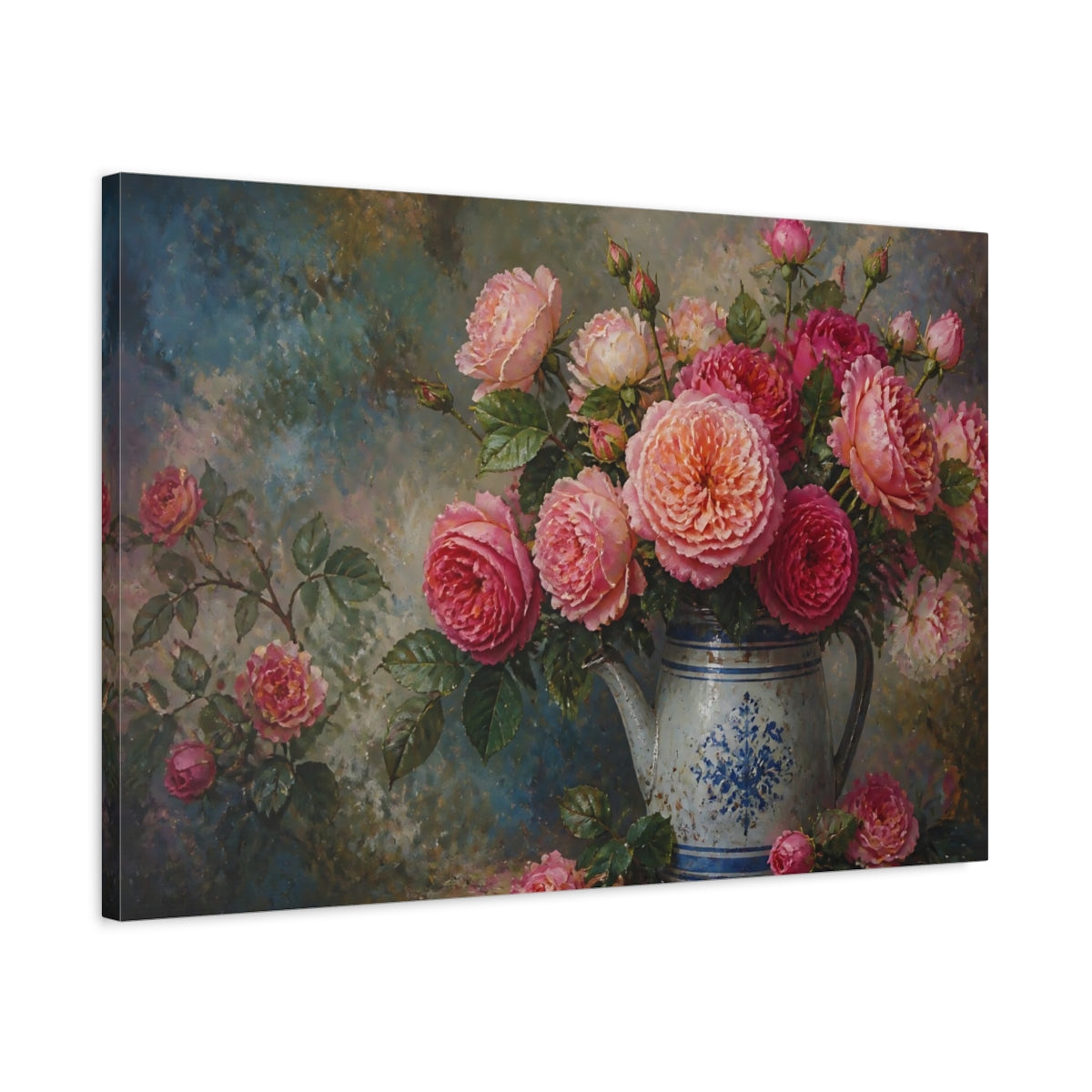 Side Mockup 2. Roses In Blue Pitcher shown as canvas print