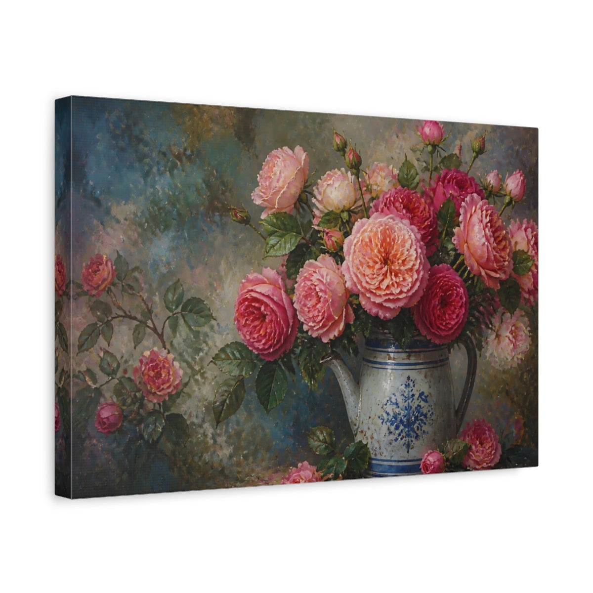 Side Mockup 4. Roses In Blue Pitcher shown as canvas print