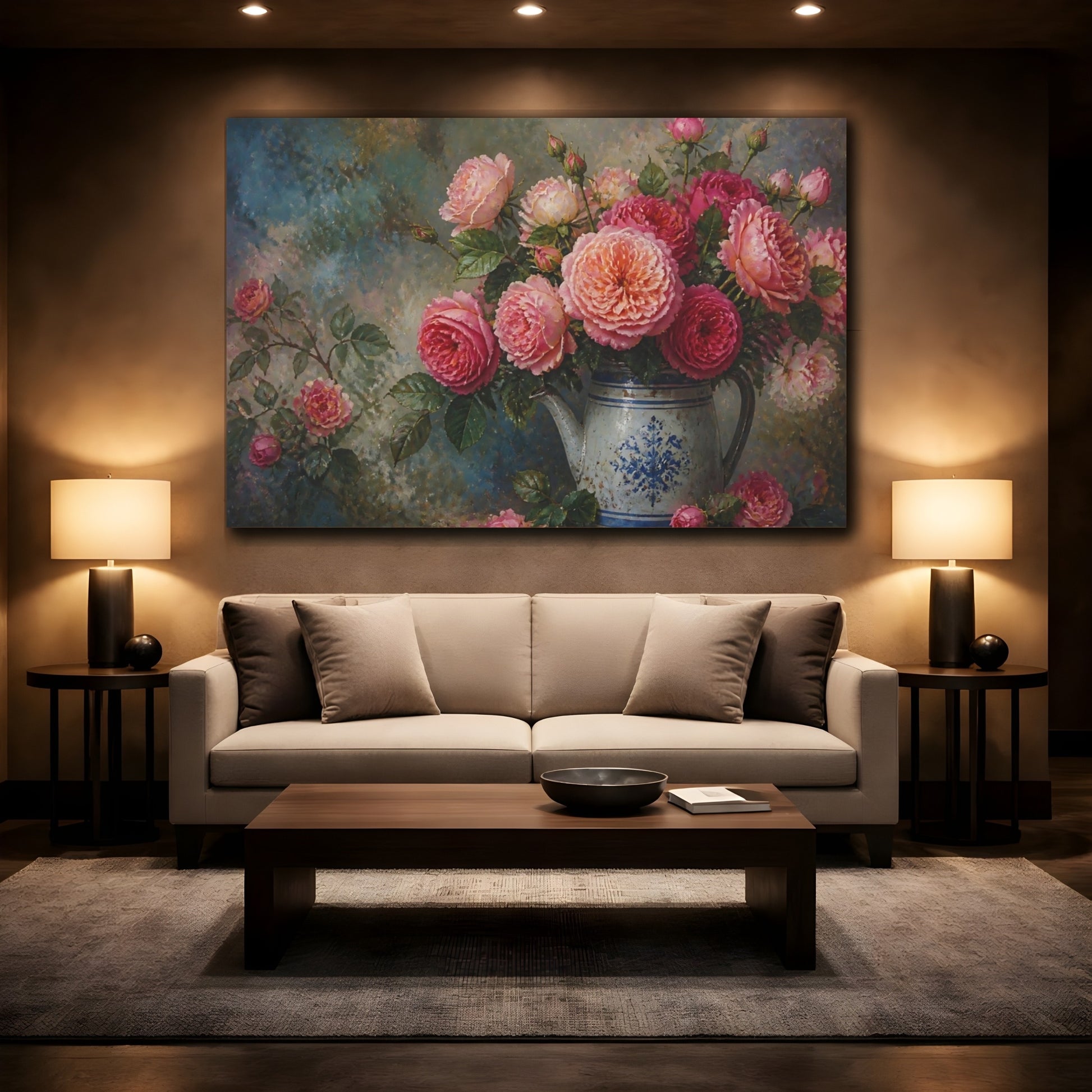 Mockup 2. Roses In Blue Pitcher shown as canvas print