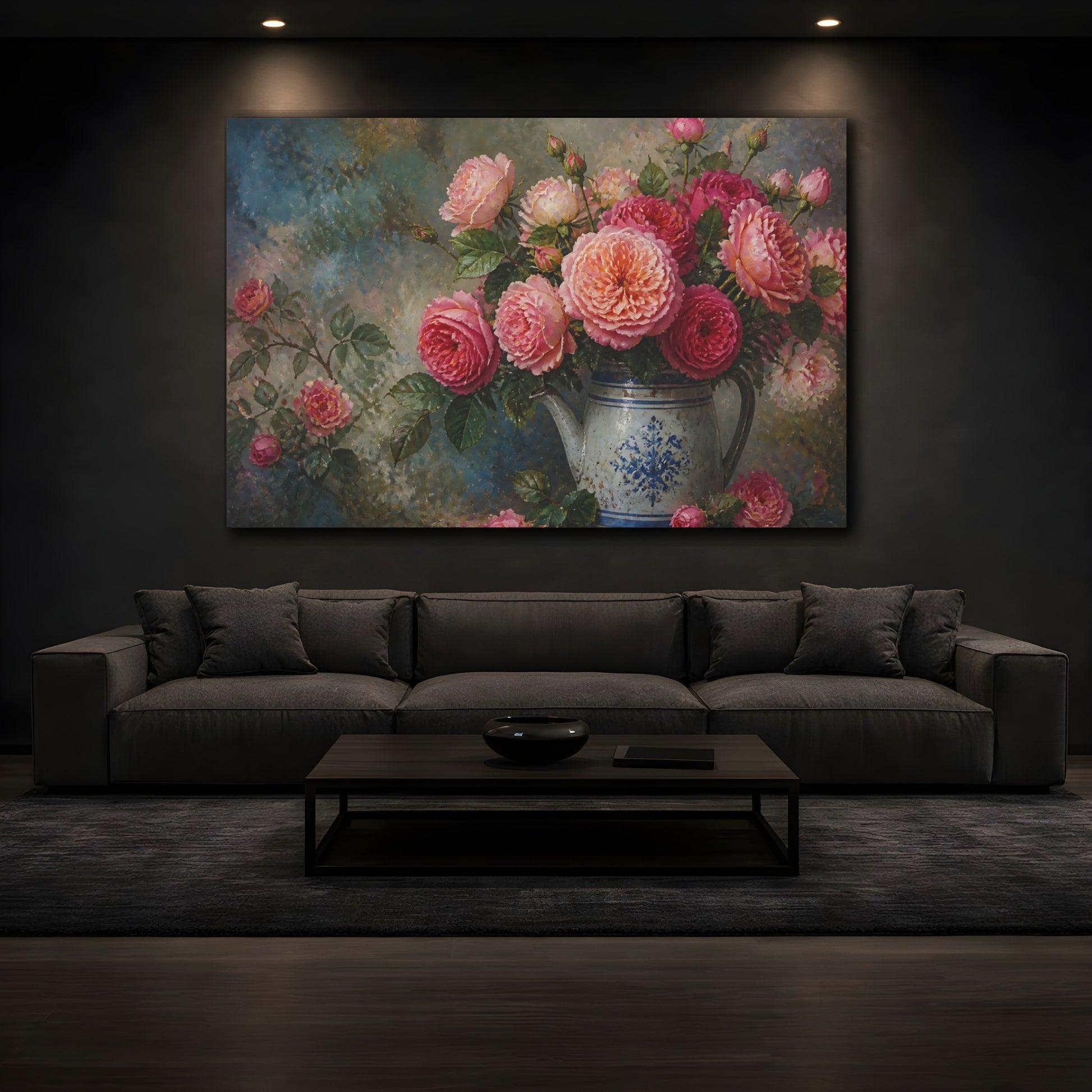 Mockup 3. Roses In Blue Pitcher shown as canvas print