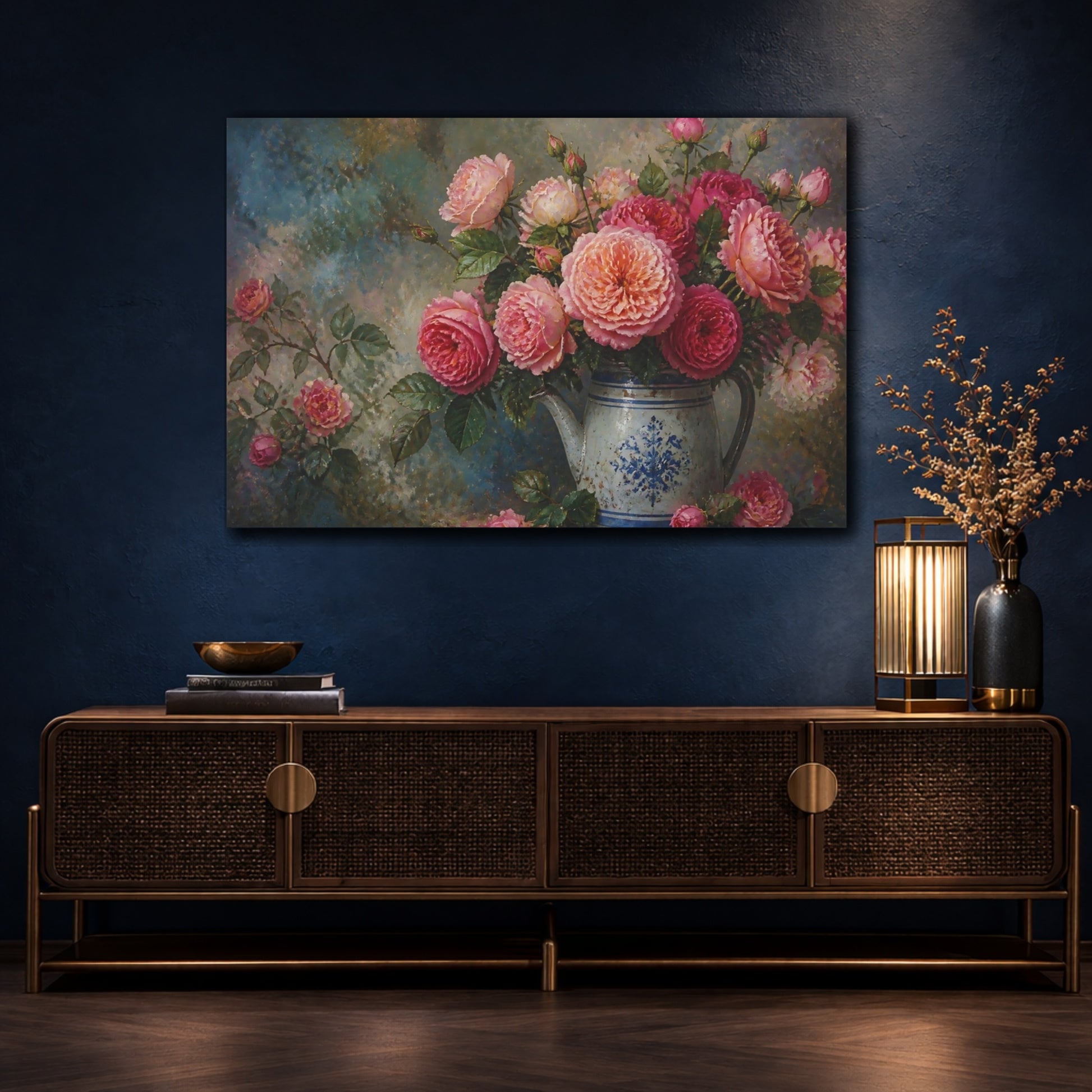 Mockup 4. Roses In Blue Pitcher shown as canvas print