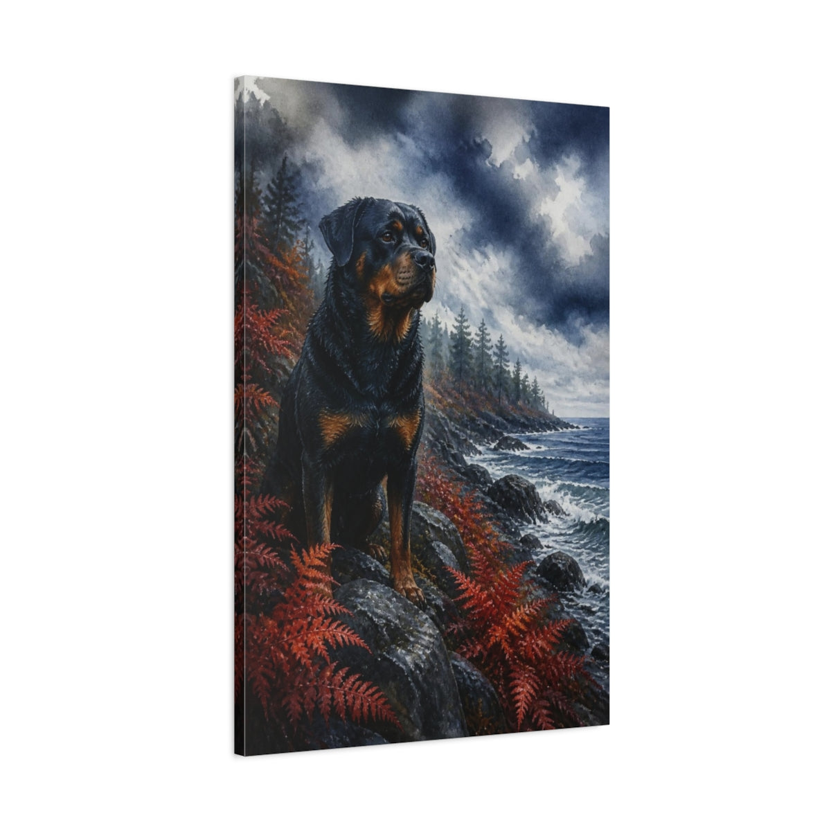 Main Mockup. Rottweiler Pets By The Coast shown as canvas print