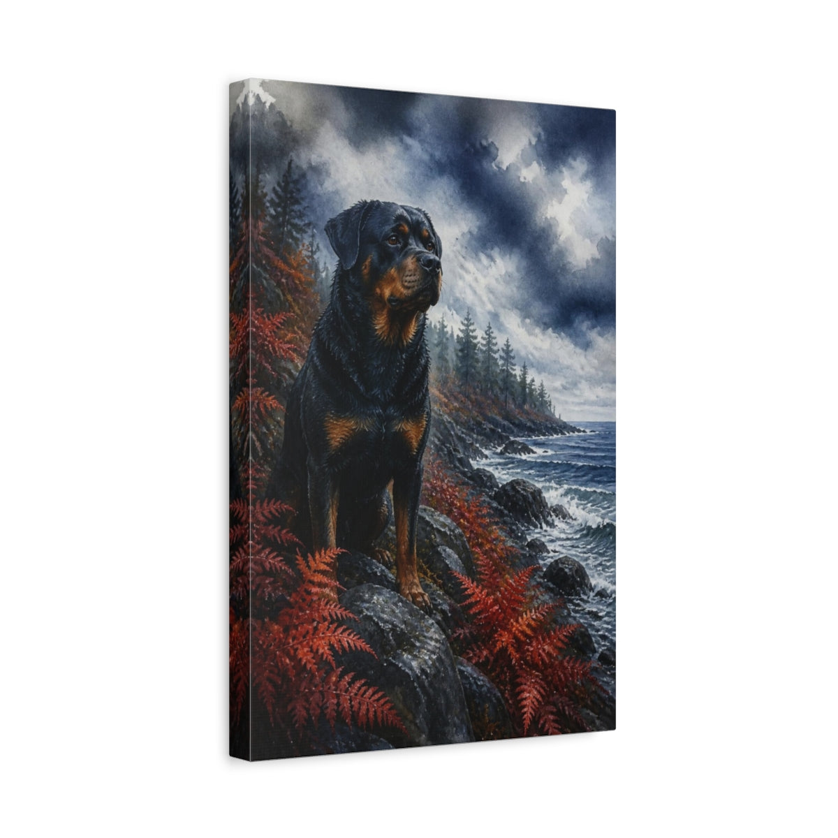 Side Mockup 4. Rottweiler Pets By The Coast shown as canvas print
