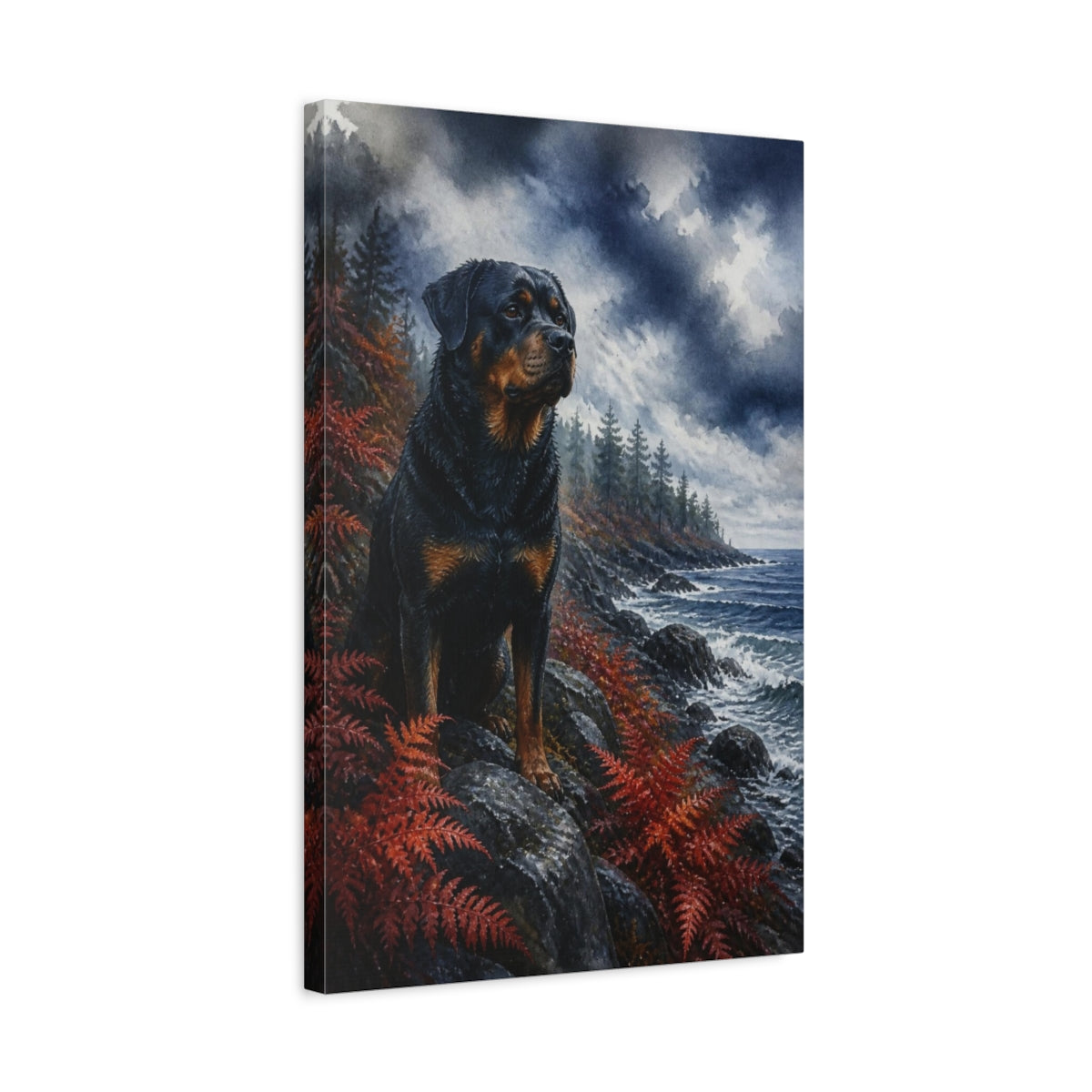 Side Mockup 3. Rottweiler Pets By The Coast shown as canvas print