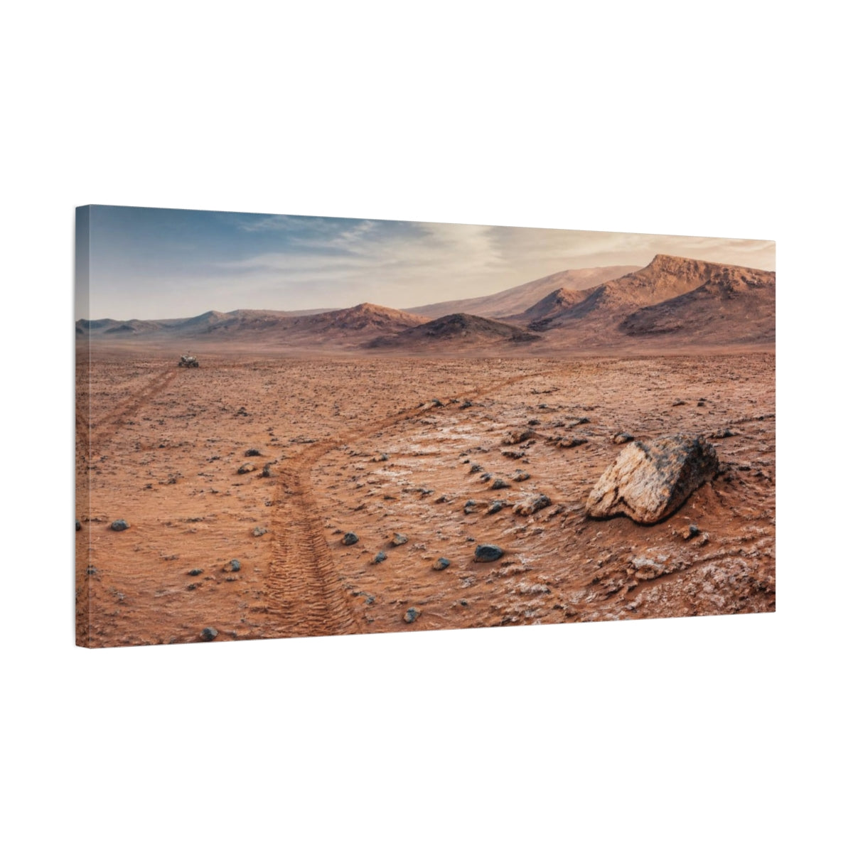 Side Mockup 1. Rover Tracks On Mars shown as canvas print