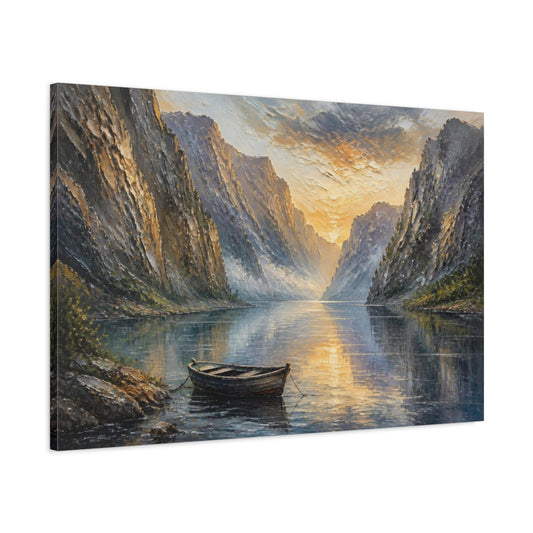 Main Mockup. Rowboat Sunset Landscape shown as canvas print