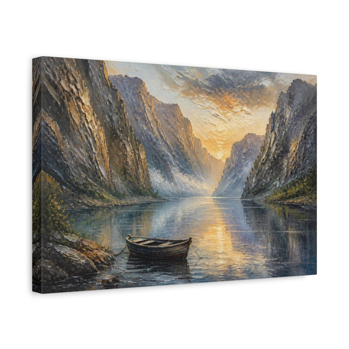 Side Mockup 4. Rowboat Sunset Landscape shown as canvas print