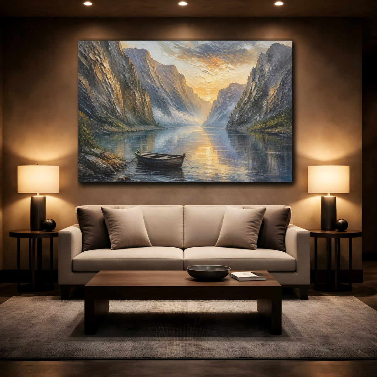 Mockup 2. Rowboat Sunset Landscape shown as canvas print