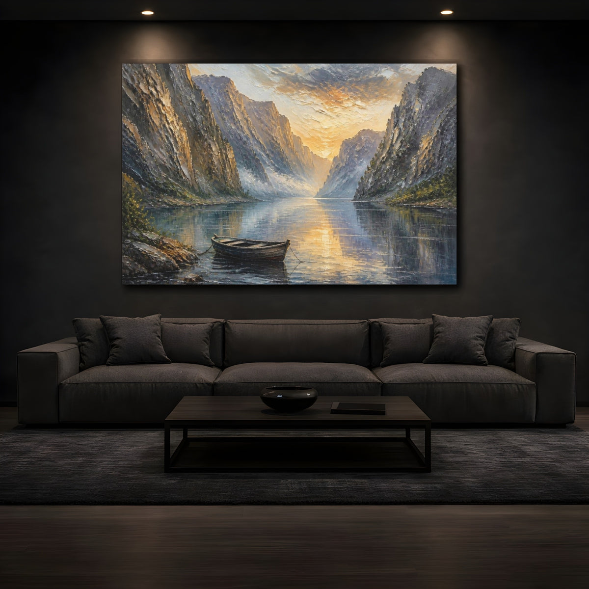 Mockup 3. Rowboat Sunset Landscape shown as canvas print